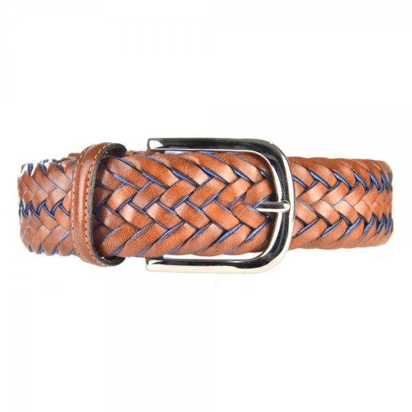 Athison Braided Leather Belt, Brown/Light Blue, XS-S
