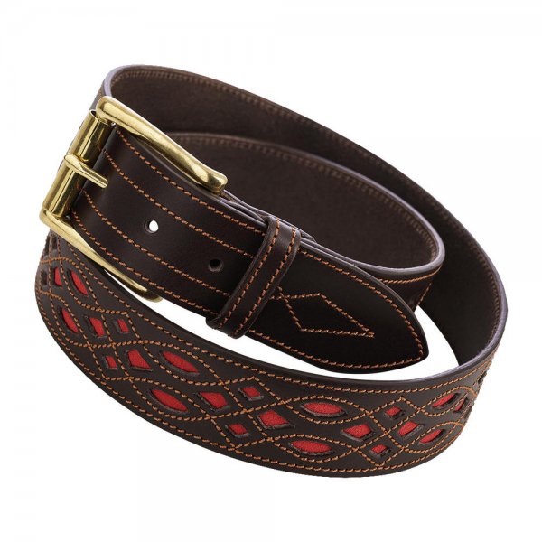 Cinturón de cuero Rey Pavón, chocolate/rojo inglés, talla 75