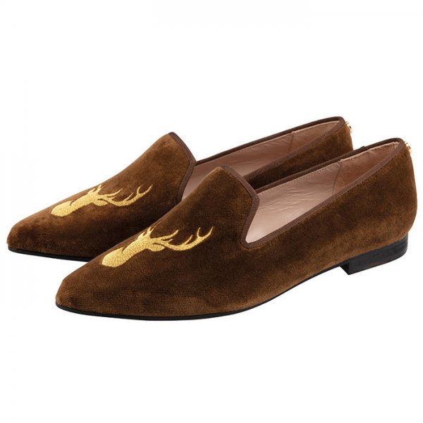 Ladies Velvet Loafers, Brown with Stag, Size 40
