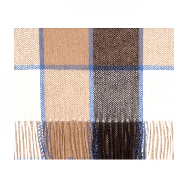 Classic Cashmere Scarf, Wool White to Brown with Medium Blue Over Check