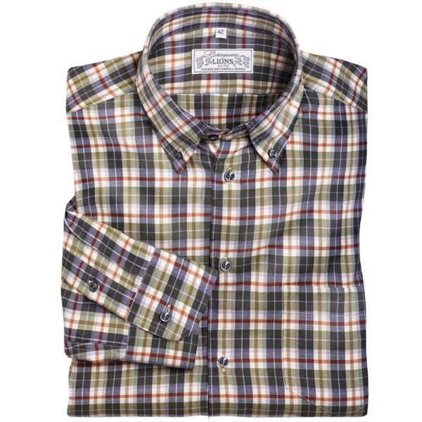 Men's Shirt, Herringbone, Chequered, Green/Red Brown, Size 39