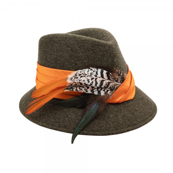 »Leni« Ladies Hat, Cashmere with Feather, Olive, Size 58