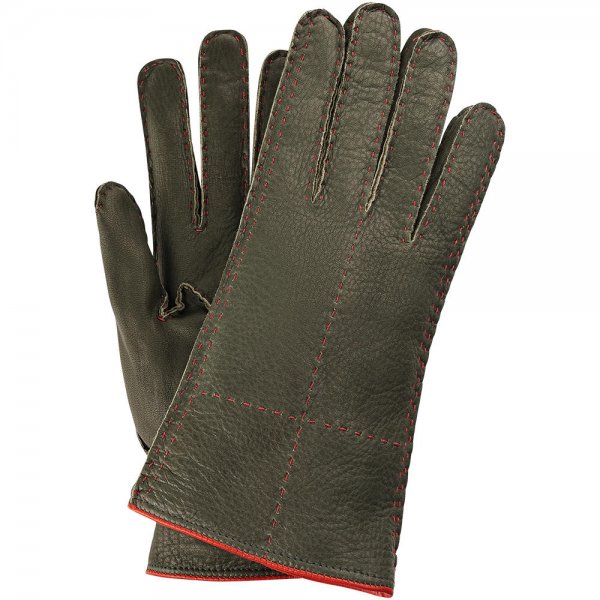 »Traun« Ladies Gloves, Deerskin, Dark Green/Red, Size 7