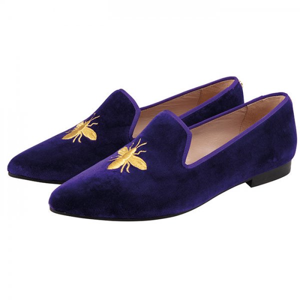 Ladies Velvet Loafers, Purple with Bee, Size 42