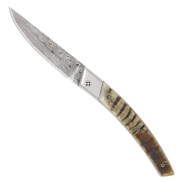 Cuchillo plegable Le Thiers RLT Damasco, cuerno de carnero