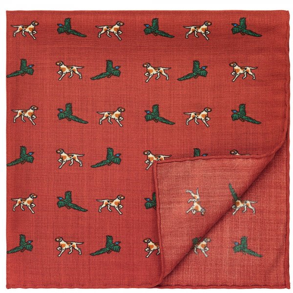 Pocket Square, Dog & Pheasant, Rust Red, 43 x 43 cm