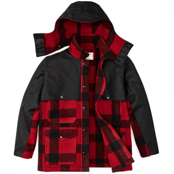 Filson Mackinaw Wool Double Coat, Red Black Classic Plaid, Size XL