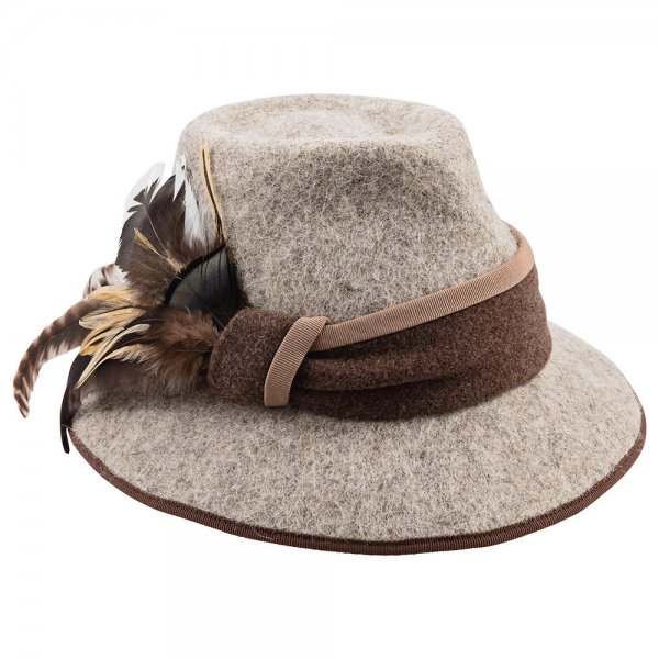 »Lale« Ladies Hat, Mountain Sheep Wool with Feather, Beige/Grey, Size 58