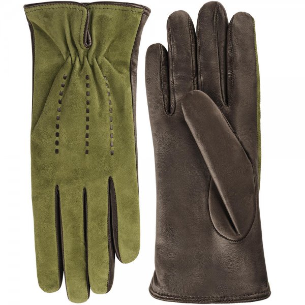 »Lyon« Ladies Gloves, Goat Suede & Lamb Nappa, Green/Brown, Size 6.5