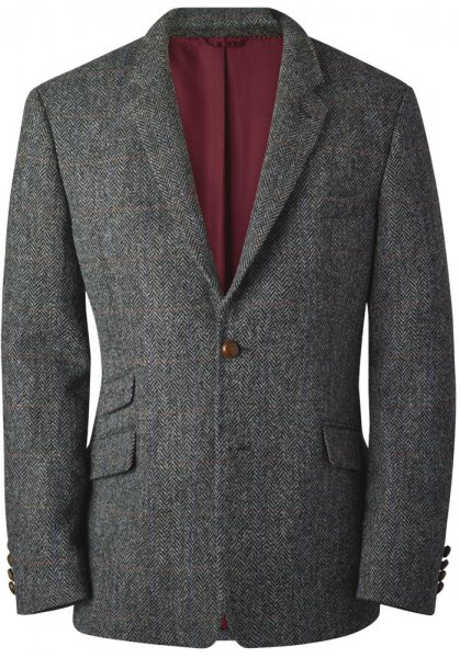 Men's Sports Jacket, Harris Tweed, Herringbone, with Check, Grey, Size 50