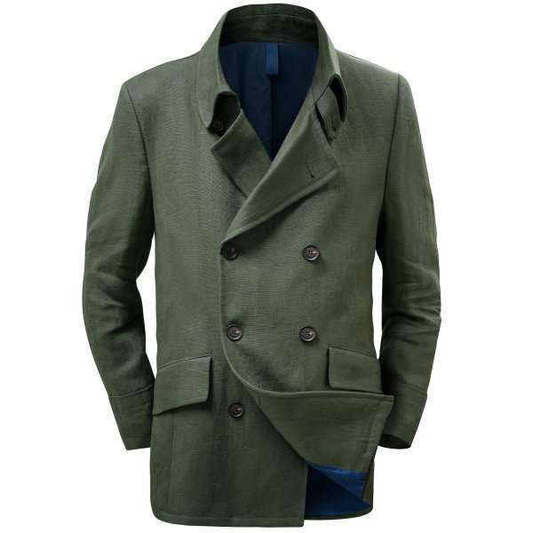 Men's Double Breasted Jacket, Linen Canvas, Green, Size 27