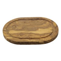 Tabla de corte ovalada de madera de olivo con ranura para zumo