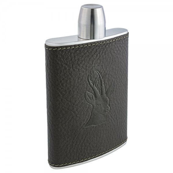BEIER Hipflask with Screw Cup, 225 ml, Olive, Roebuck Motif