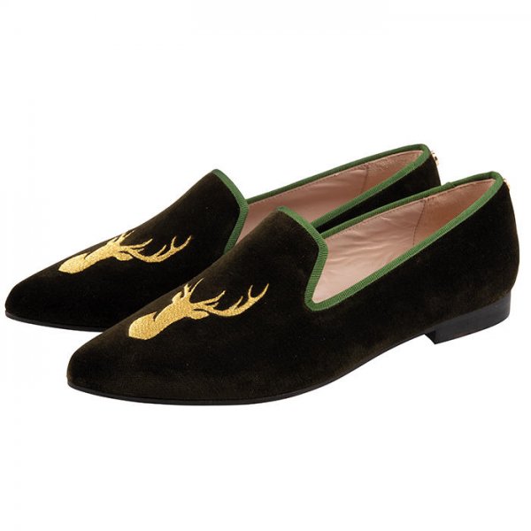 Ladies Velvet Loafers, Dark Green with Stag, Size 36