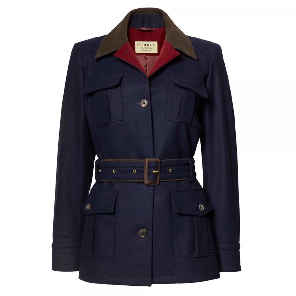Purdey Ladies Belted Loden Wool Jacket, Navy, Size 40