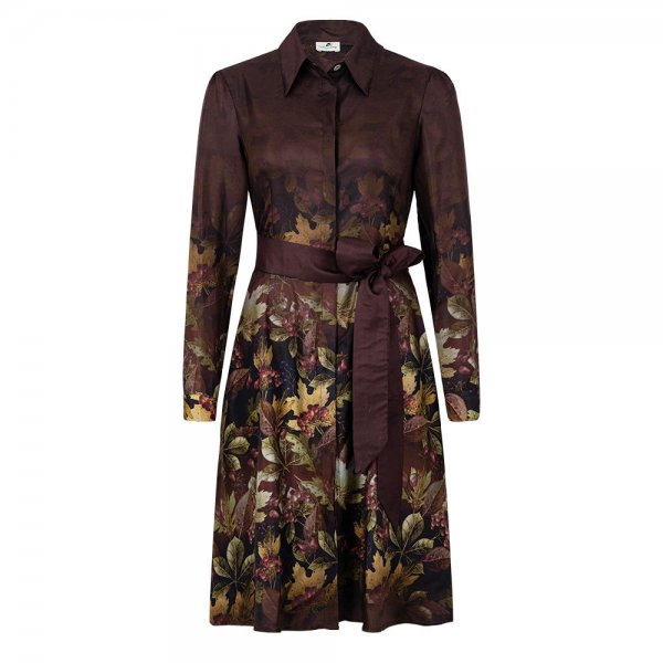 Allover Print Silk Dress, Leaf, Burgundy, Size M