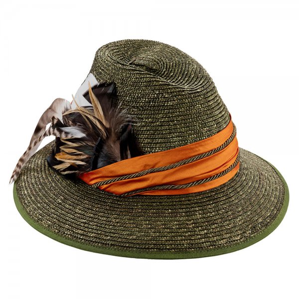 »Walli« Ladies' Hat, Braided Straw with Hat Feather, Olive, Size 57