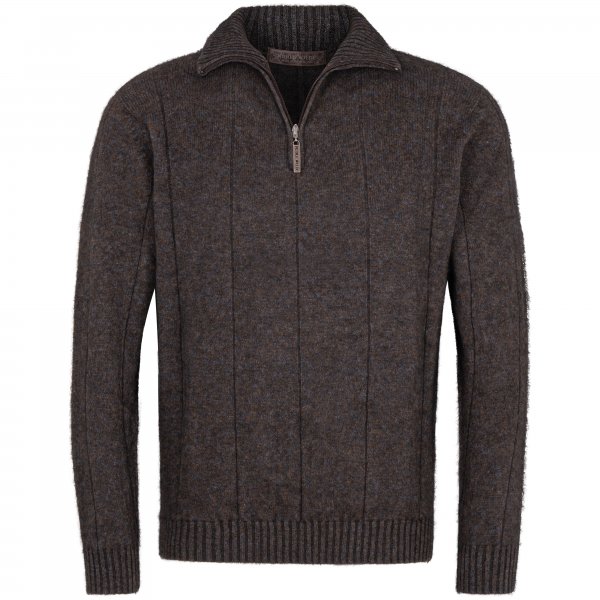Men’s Zip Sweater, Possum Merino, Blue/Brown Melange, Size XL