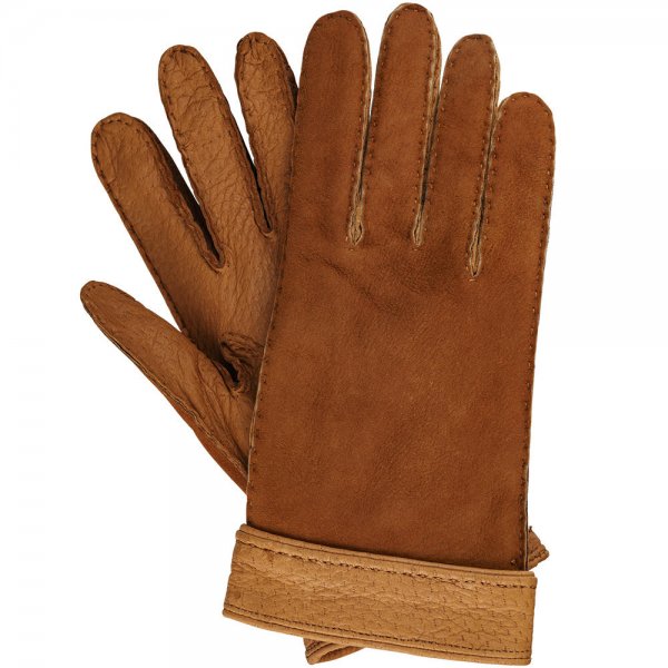 »Alamor« Men’s Gloves, Peccary Leather with Lambskin, Cognac, Size 8.5