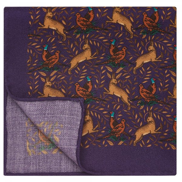 Pocket Square, Pheasant & Hare, Purple, 32 x 32 cm