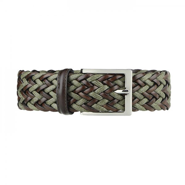 Cinturón de cuero y lino Athison, marrón oscuro/oliva, S-M