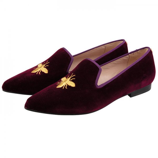 Ladies Velvet Loafers, Burgundy with Bee, Size 39