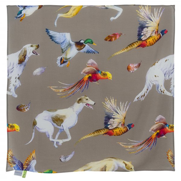 Foulard en soie pour femme » Dogs & Birds «, 80 x 80 cm, taupe