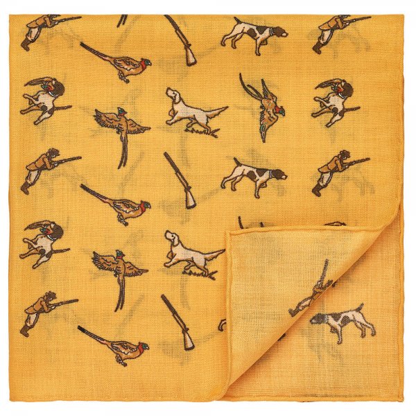 Pocket Square, Dog & Hunter & Pheasant, Yellow, 43 x 43 cm