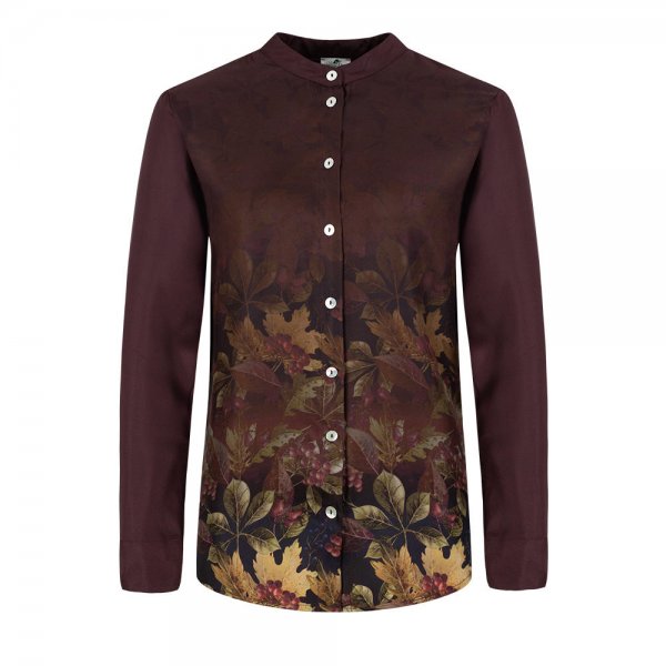 Allover Print Silk Blouse, Leaf Pattern, Burgundy, Size XL
