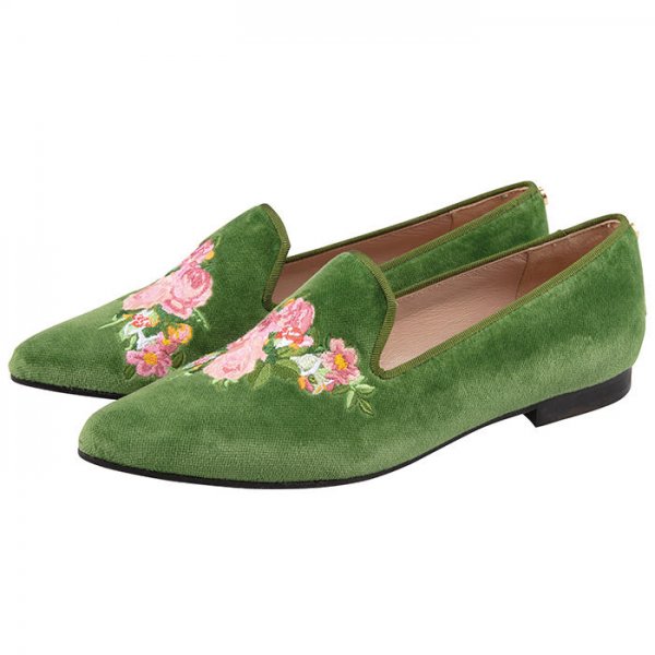 Ladies Velvet Loafers, Green with Flowers, Size 39