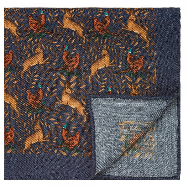 Pañuelo de bolsillo, faisán y conejo, azul, 32 x 32 cm