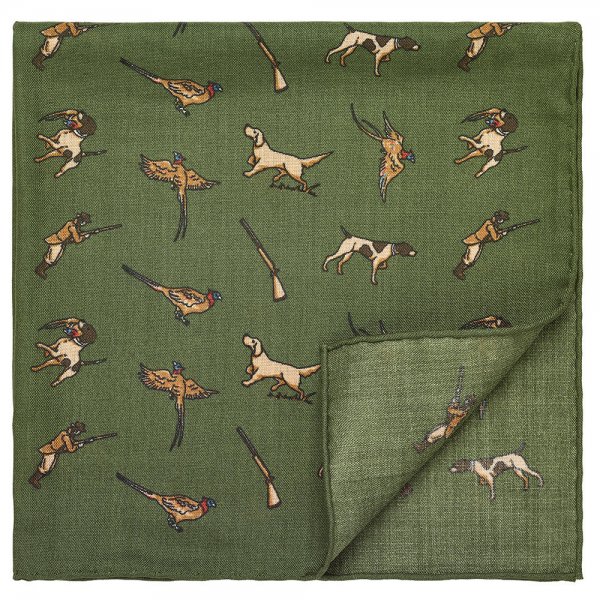 Pocket Square, Dog & Hunter & Pheasant, Green, 43 x 43 cm