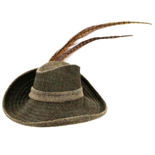 Sombrero de tweed con plumas Sara Tiara, beige/natural/verde, talla 56