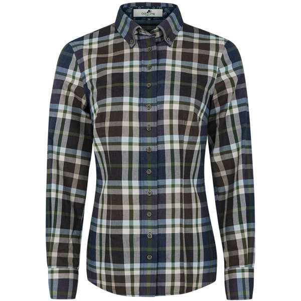 Button-down Blouse, 100 % Cotton Flannel, Chequered, Green/Brown, Size 34