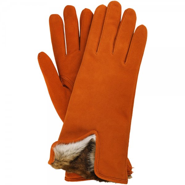 »Gela« Ladies Gloves, Reindeer Suede, Cashmere/Velvet Rabbit Fur, Orange, 6.5