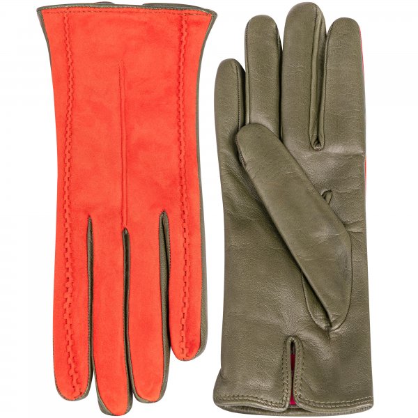 »Grenoble« Ladies’ Gloves, Goat Suede & Lamb Nappa, Red/Green, Size 6.5