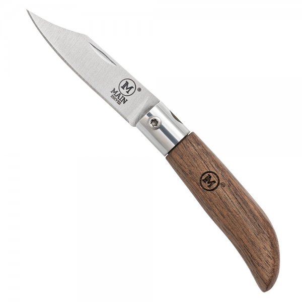 MAIN »Mini Line« Folding Knife, Walnut, Clip Point, with Leather Case