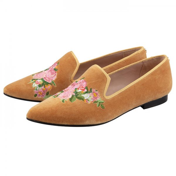 Ladies Velvet Loafers, Mustard with Flowers, Size 39