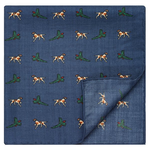 Pocket Square, Dog & Pheasant, Blue, 43 x 43 cm