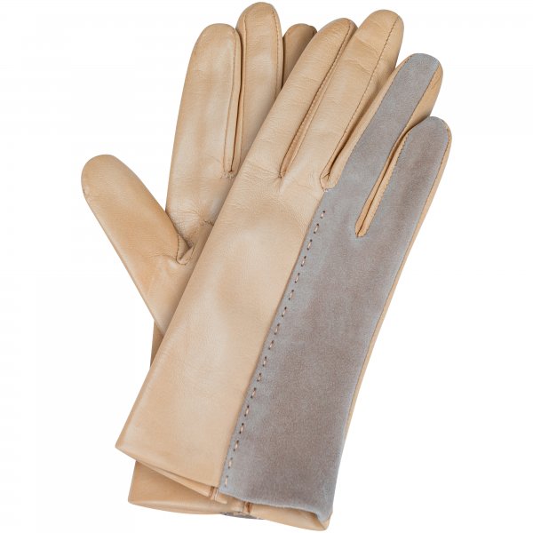 Guantes mujer »Clichy«, piel napa/terciopelo, forro de seda, topo, talla 7.5