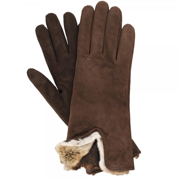 Damen Handschuhe GELA, Rentiervelours, Kaschmir & Samtkanin, cafe, Größe 7,5