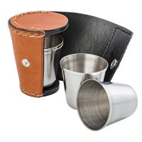 BEIER Stainless Steel Schnapps Cup Set in Leather Case, Light Brown