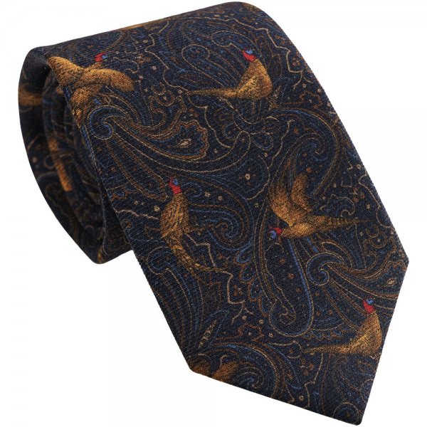 Cravate, motif » Faisan «, soie/laine, bleu