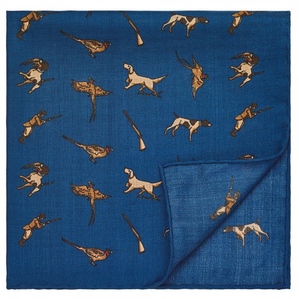 Pocket Square, Dog & Hunter & Pheasant, Blue, 43 x 43 cm