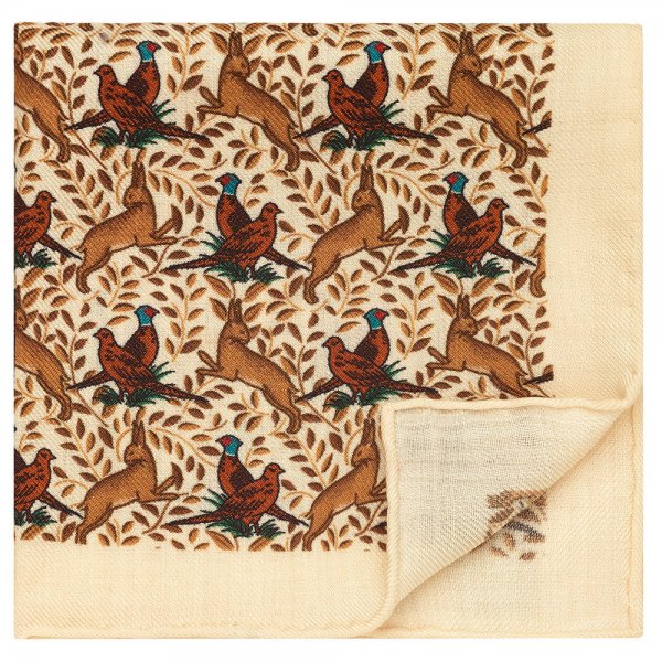 Pocket Square, Pheasant & Hare, Beige, 32 x 32 cm