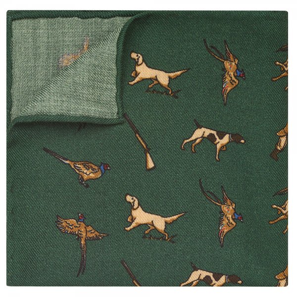 Pañuelo de bolsillo, motivos de caza, verde, 32 x 32 cm