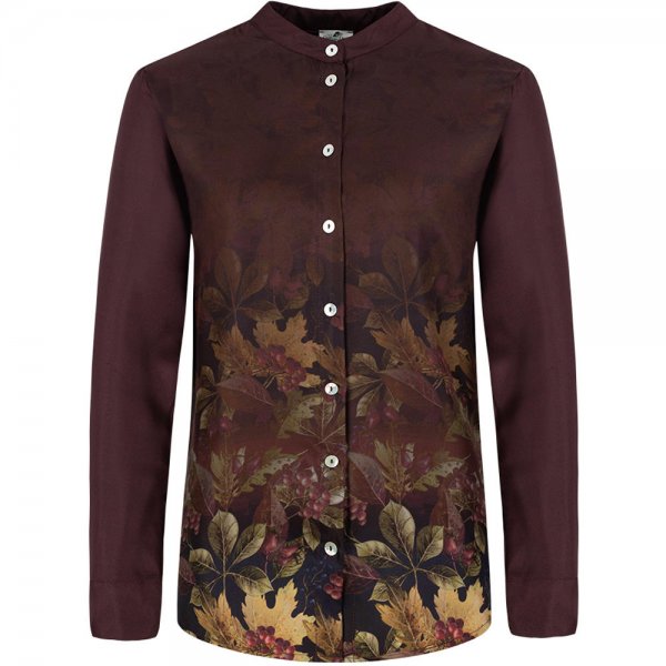 Allover Print Silk Blouse, Leaf Pattern, Burgundy, Size S