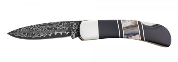 Cuchillo plegable de Damasco Stoneworks, colmillo de mamut/piedra