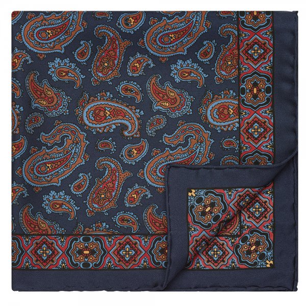 Pocket Square, Paisleys, Olive/Blue, 43 x 43 cm