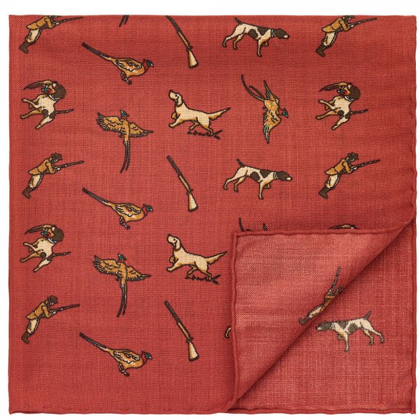 Pocket Square, Dog & Hunter & Pheasant, Rust Red, 43 x 43 cm
